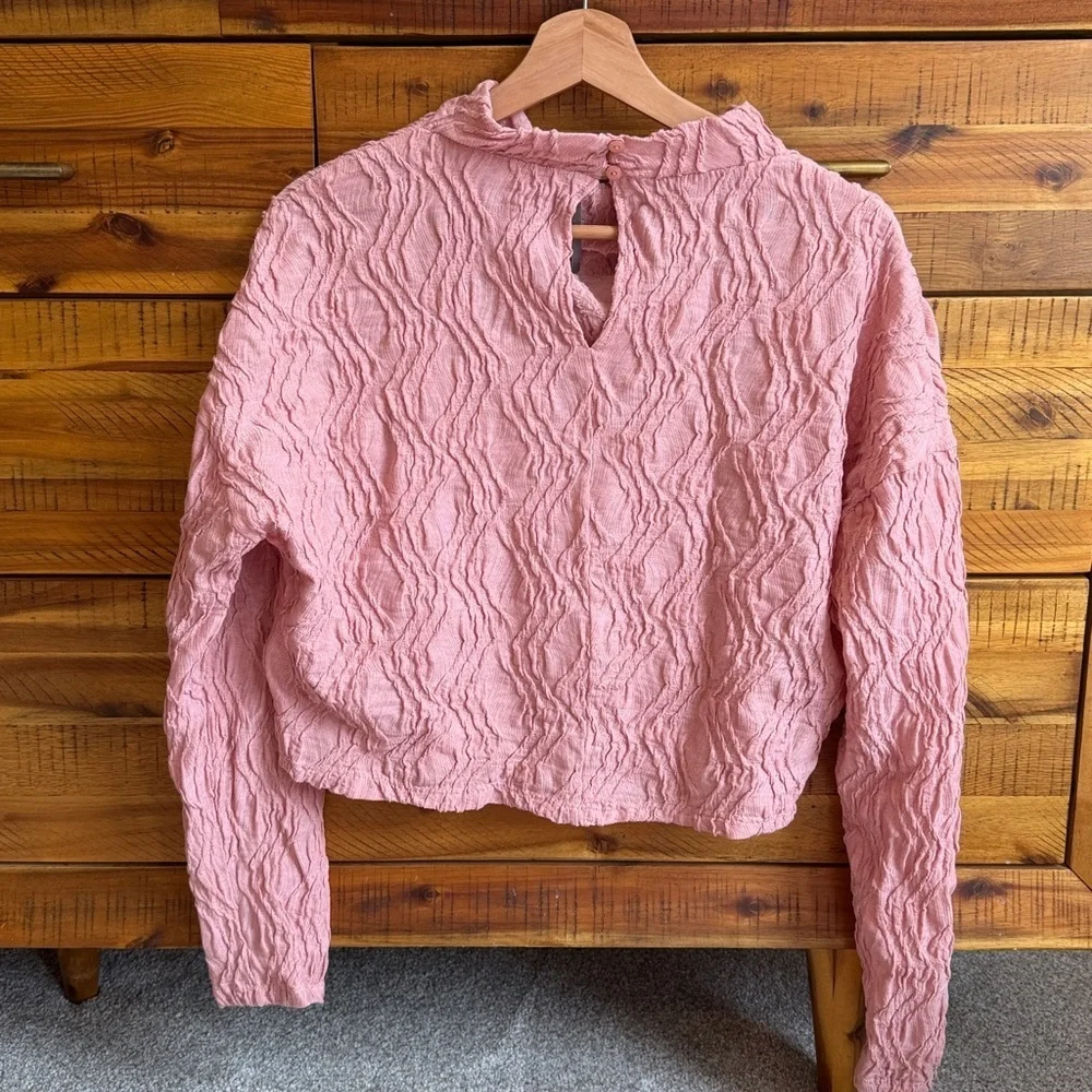 ANTHROPOLOGIE Textured Funnel-Neck Top - Pink Textured Long Sleeve Top